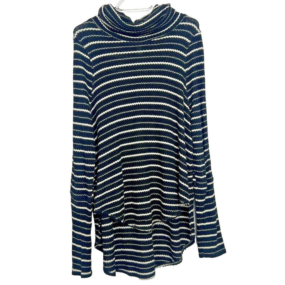 We The Free People Waffle Thermal Top Size Medium Turtleneck Black Striped